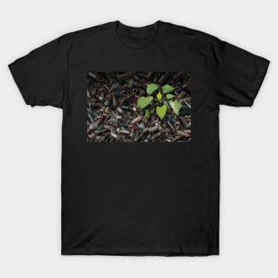Gun Violence Hope Concept as gun shells with a green sapling growing as inspirational surreal art T-Shirt